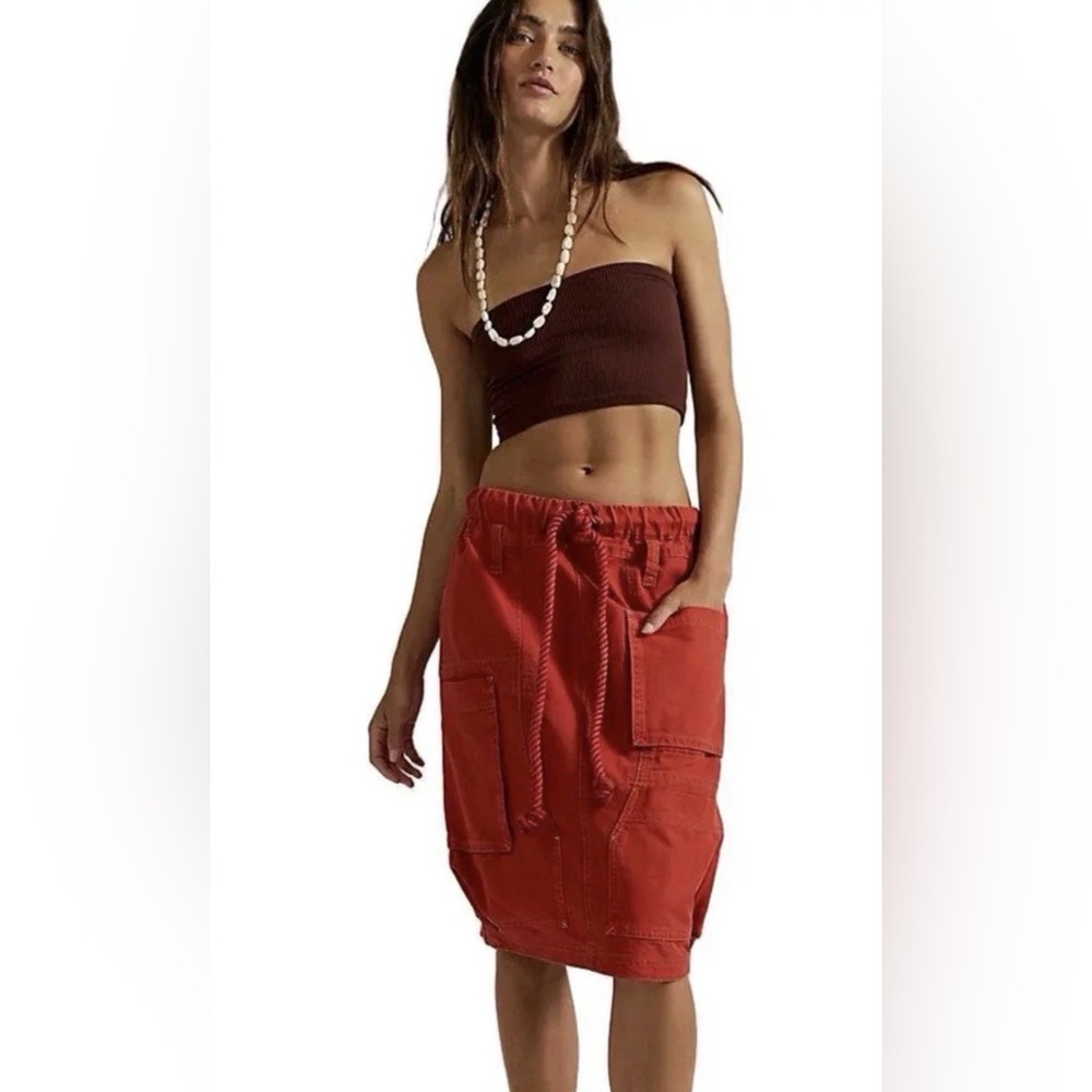 Free People Carmen Midi Skirt Elastic Waist Drawcord Pockets Mineral Red